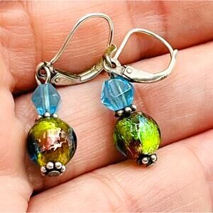 Vtg Sterling Silver Dangle Drop Blue Green Art Glass Bead Leverback Earrings 925